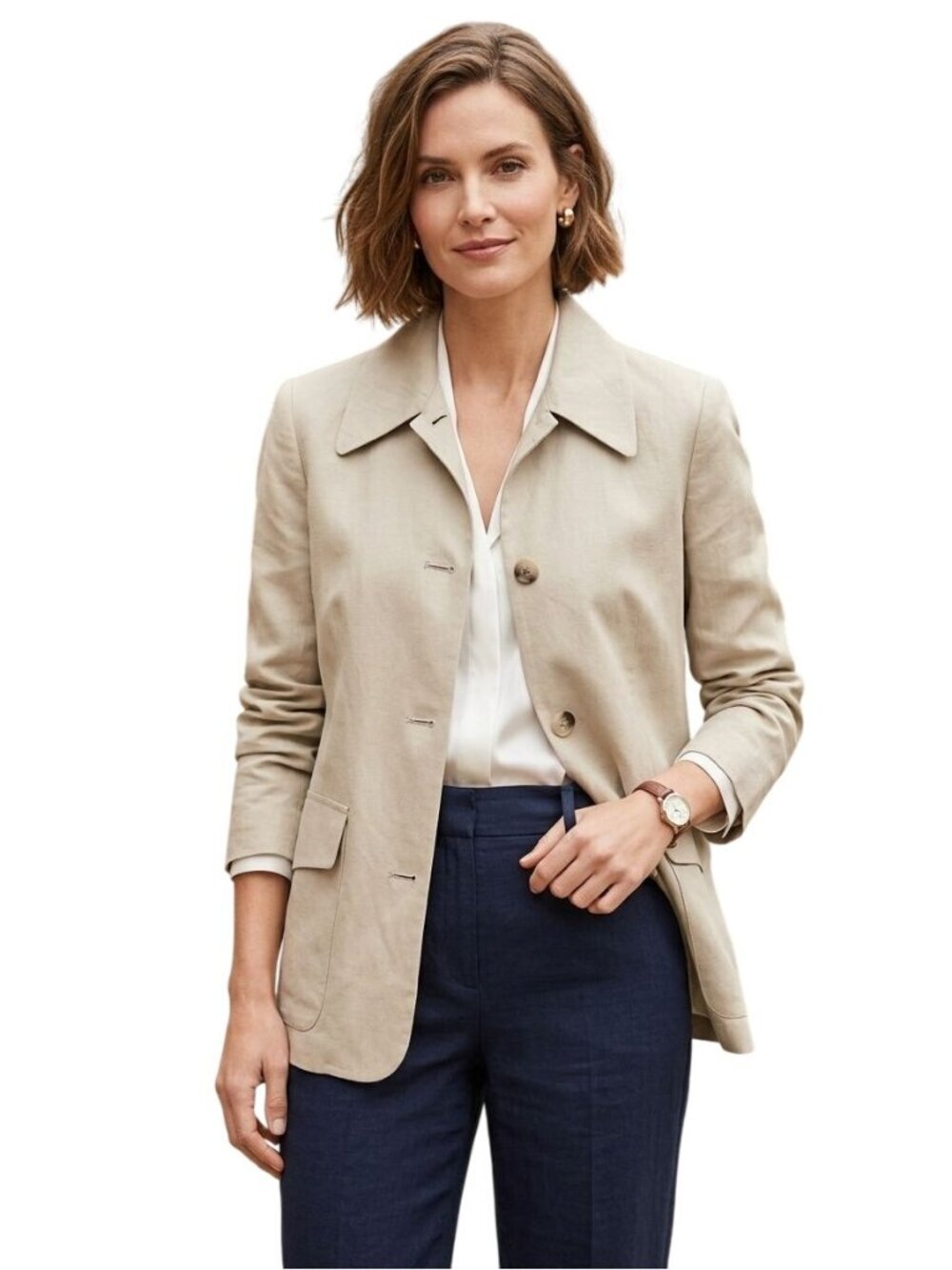 Ann Taylor Vintage Linen Blend Safari Pocket Blazer Jacket Size 4 Fully Lined 4